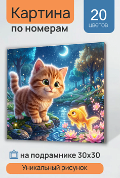 Холст с красками 30х30 см по номерам (в коробке) Котёнок и его подводная подруга  ХК-7305