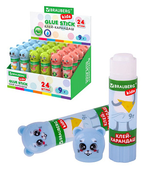 Клей-карандаш "Зверята: кошка, мышка, хрюшка", 9 г, фигурный колпачок, BRAUBERG KIDS, 271138