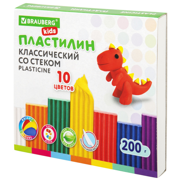 Пластилин 10 цв. BRAUBERG KIDS, 200 г, со стеком, 106504