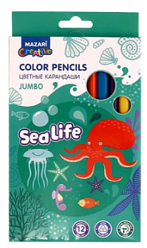Карандаши цветные пластиковые SEA LIFE, Jumbo, 12 цв, трехгранный корпус, M-6175-12